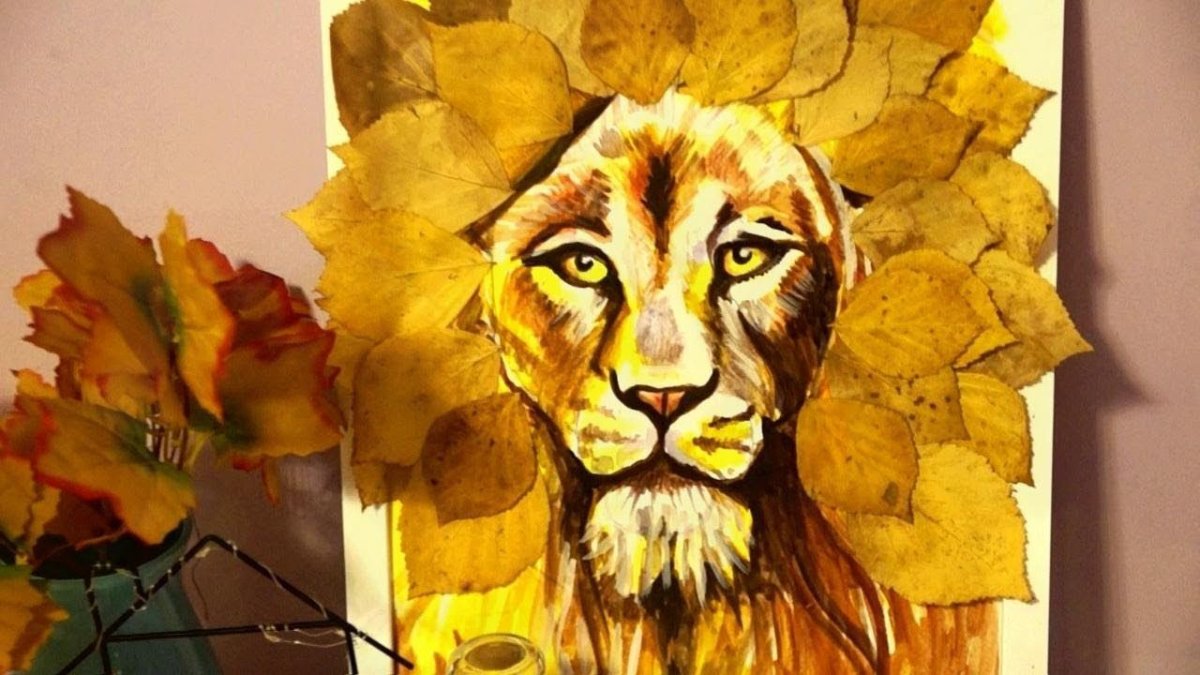 Лев из листьев аппликация