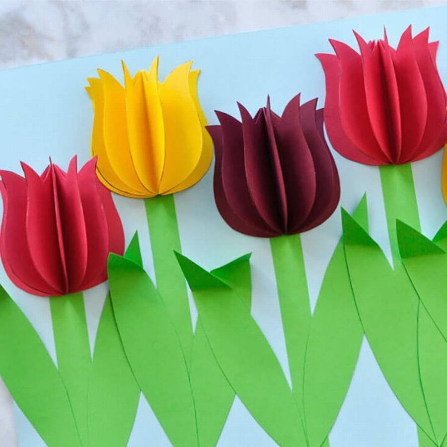 Тюльпаны из бумаги легкие для детей. Объемные тюльпаны. Объемная аппликация. Потделка из цветеой бумаги.