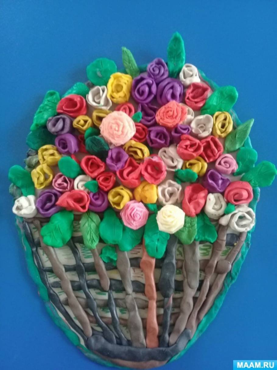 Подарки из пластилина на день рождения. Цветы пластилином. Цветы из пластилина. Лепка подарок маме. Корзина с цветами пластилин.