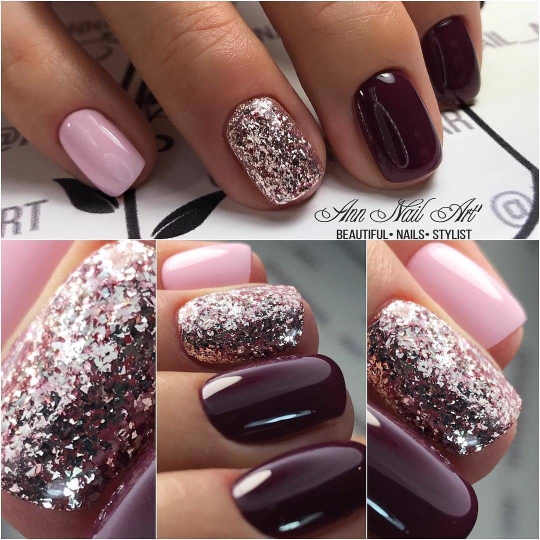 Маникюр на короткие ногти бордовый с блестками