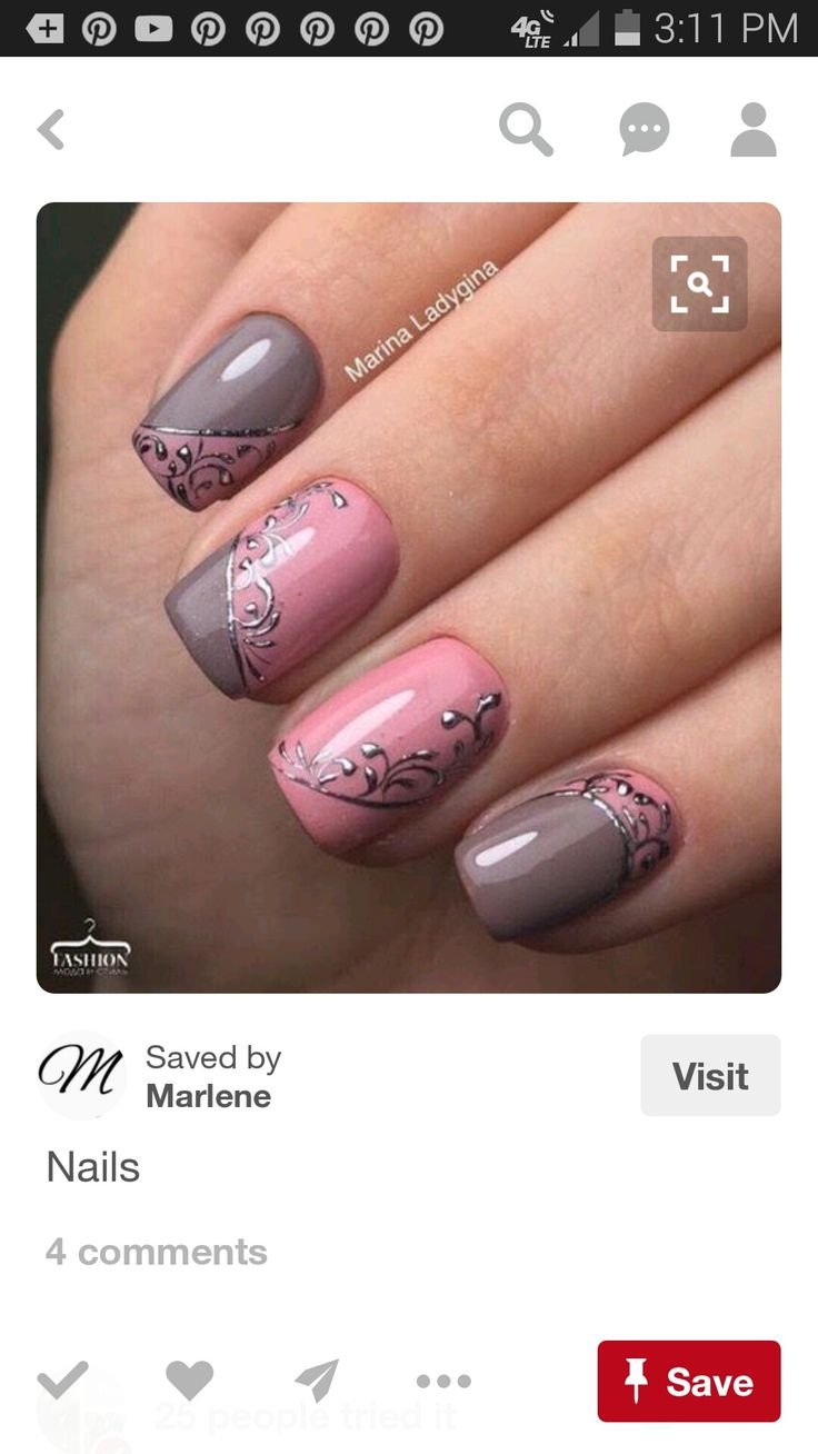 Ногти серо розовые с рисунком