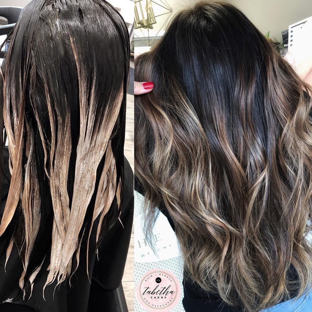 Балаяж на темные волосы до после