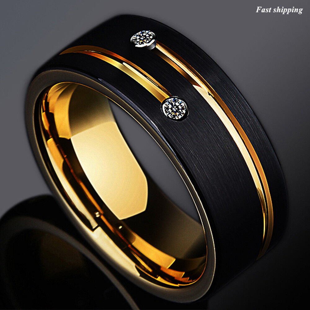(Кольца ATOP ) 8mm Black Brushed Tungsten Ring Gold Grooved line Diamond ATOP men Wedding Band