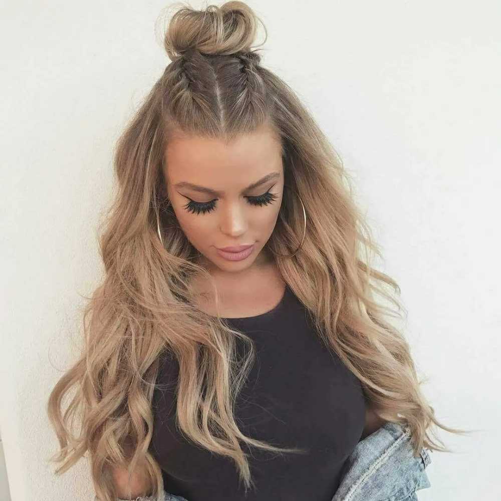 Прическа два хвостика и распущенные волосы