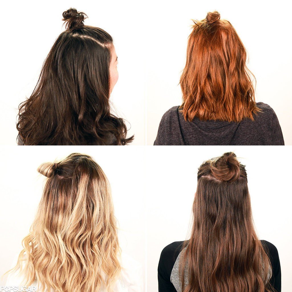 Маленький пучок на макушке с распущенными волосами