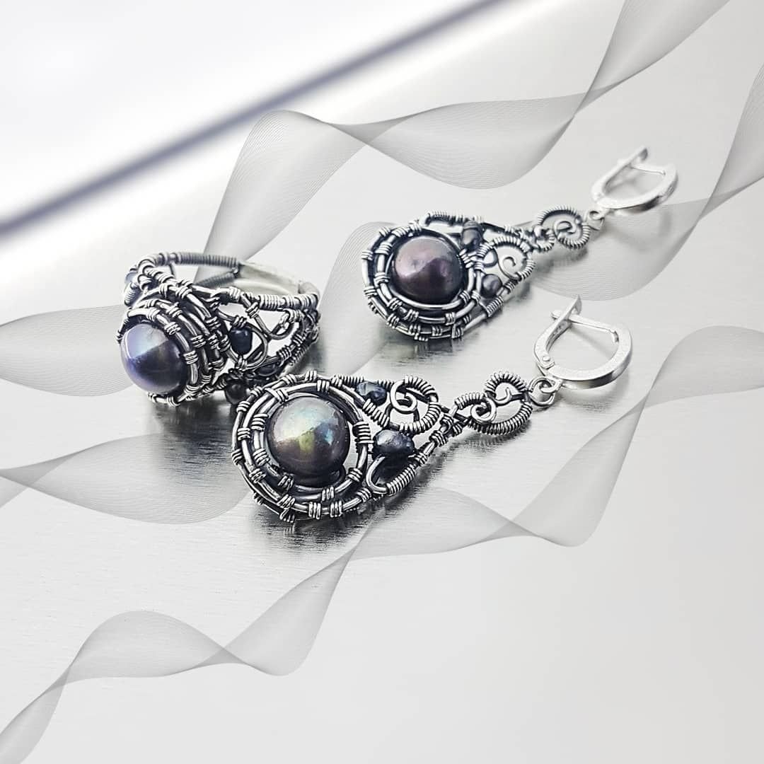 Амплект серебро чёрный жемчуг