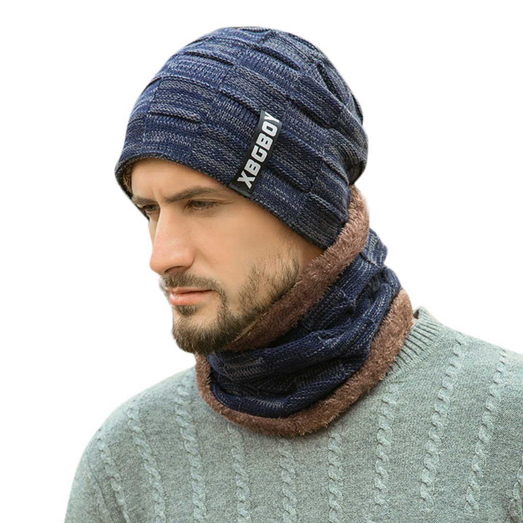 Шапка 2pcs men Winter warm Beanie Casual Thicken hat and Scarf Knit Windproof cap