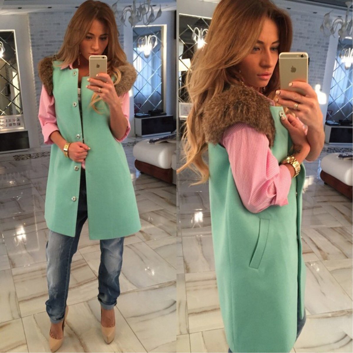 Кашемировый длинный жилет с мехом