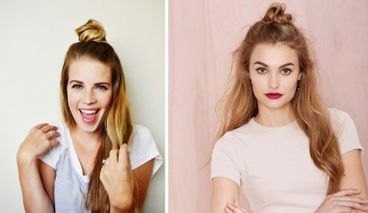 Распущенные волосы с пучком на макушке