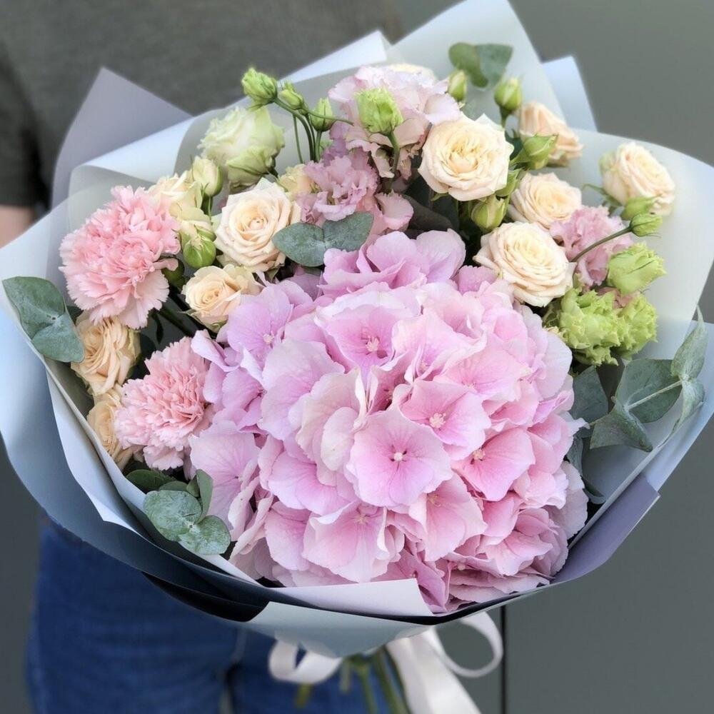 Букет гортензия розы эустома