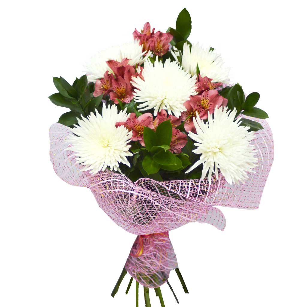 Букет одноголовых хризантем и альстромерий