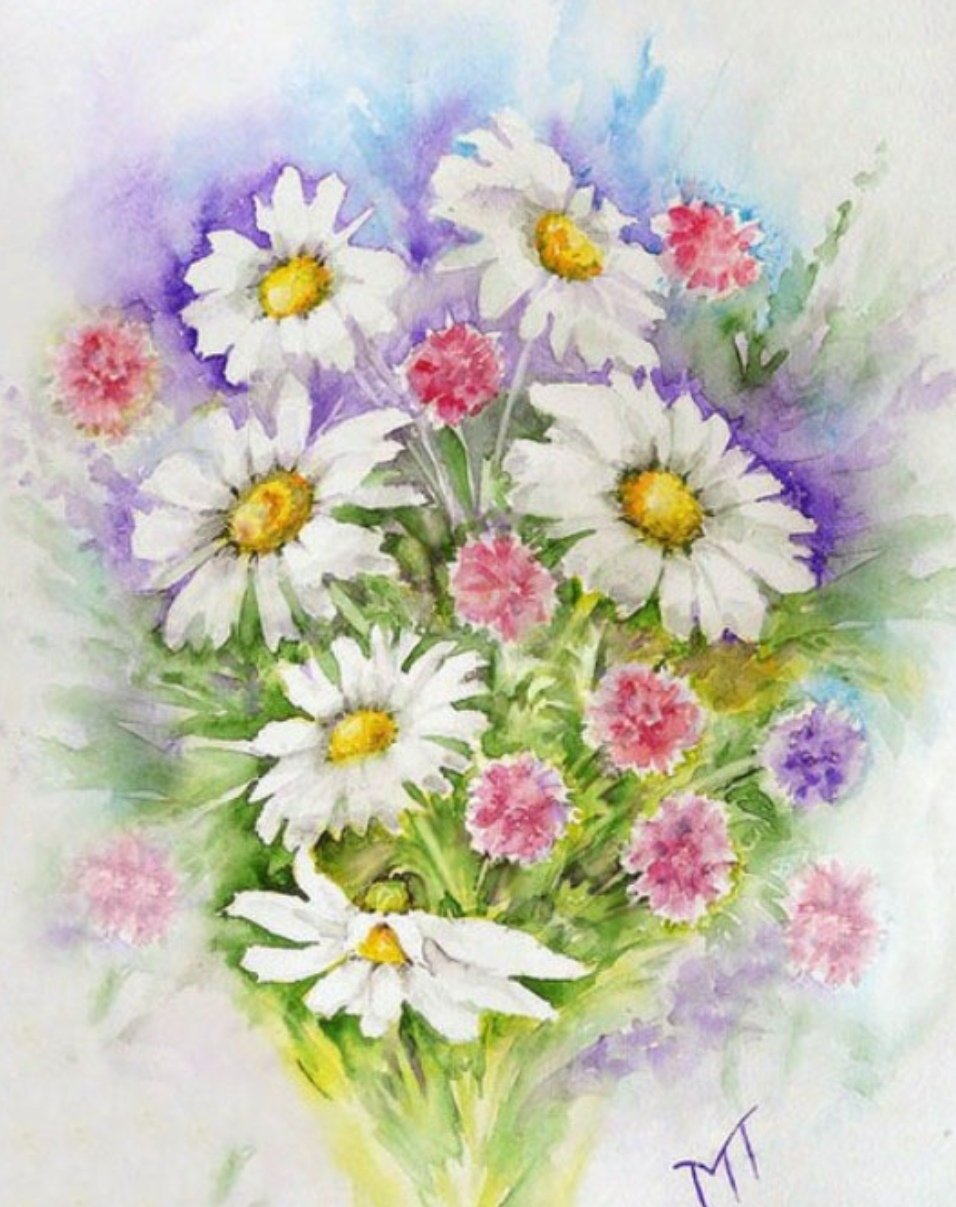 Букет полевых цветов акварель