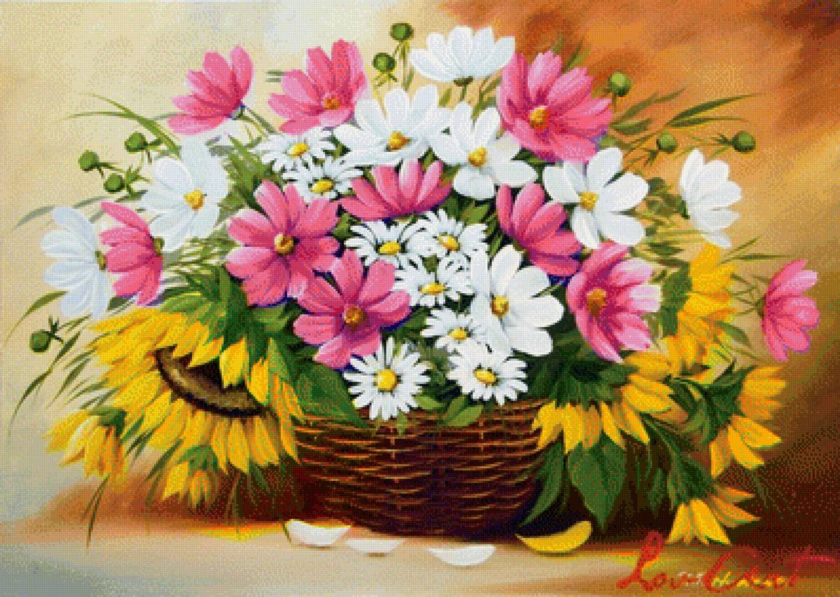 Разноцветные ромашки в корзинке