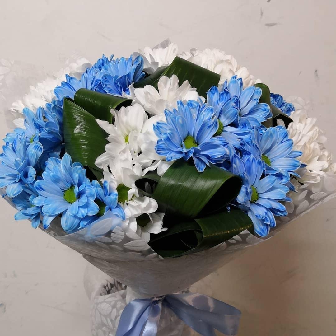 Букет Хризантема и синяя гипсофила