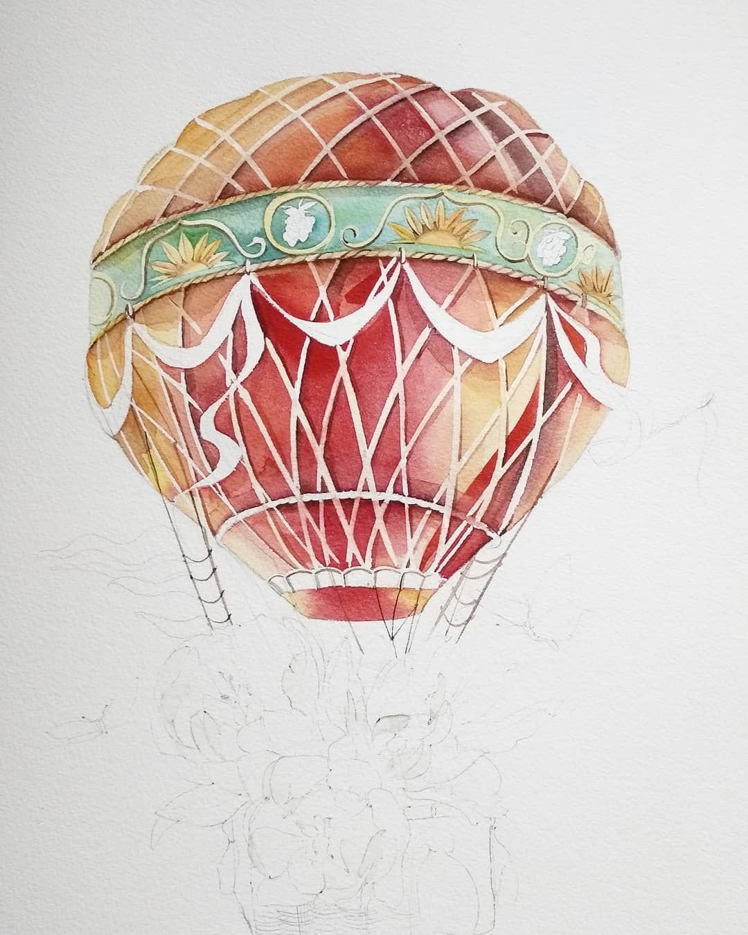 Воздушный шар с корзиной акварель
