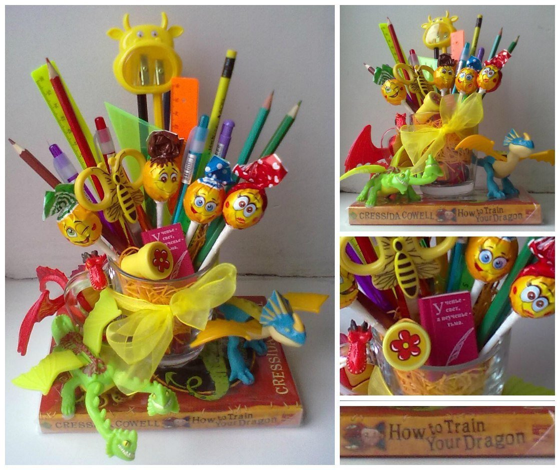 Букет из конфет и канцелярских принадлежностей