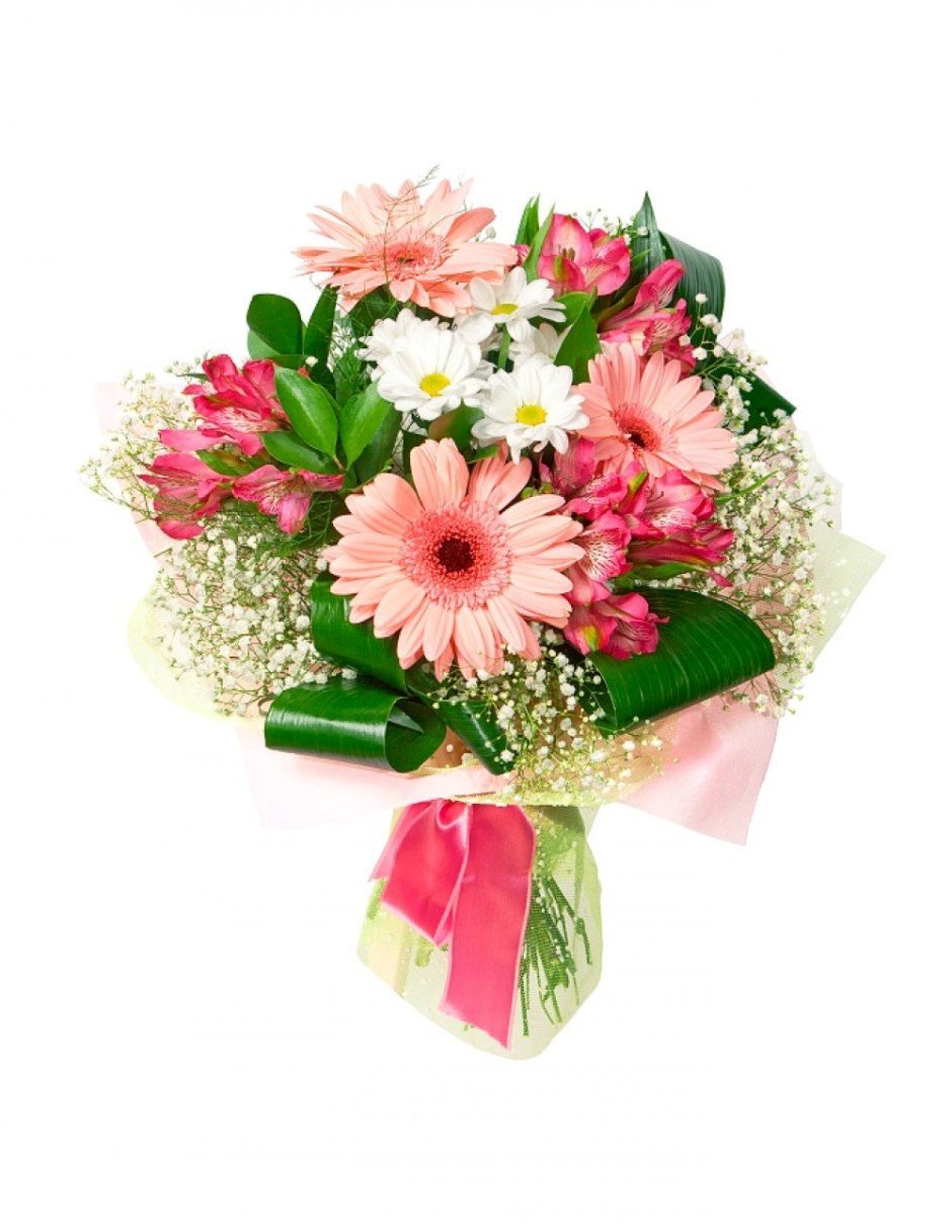 Красная Хризантема и гипсофила букет