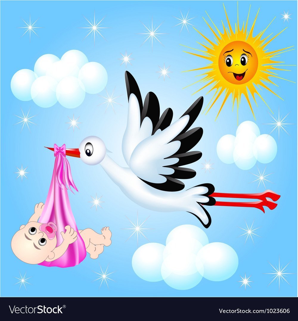 Аист несет девочку