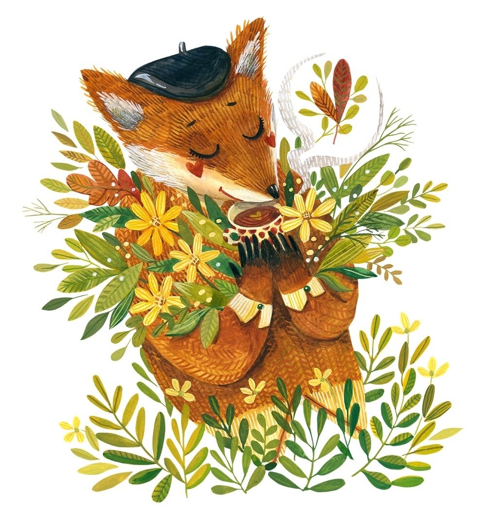 Лисичка осень акварель