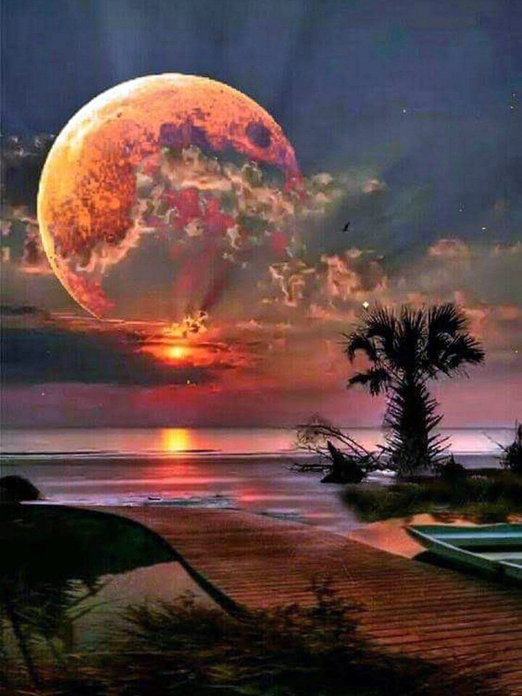 Красивый закат с луной