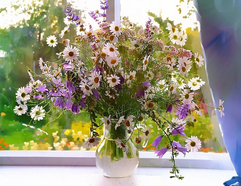 Букет полевых цветов на подоконнике