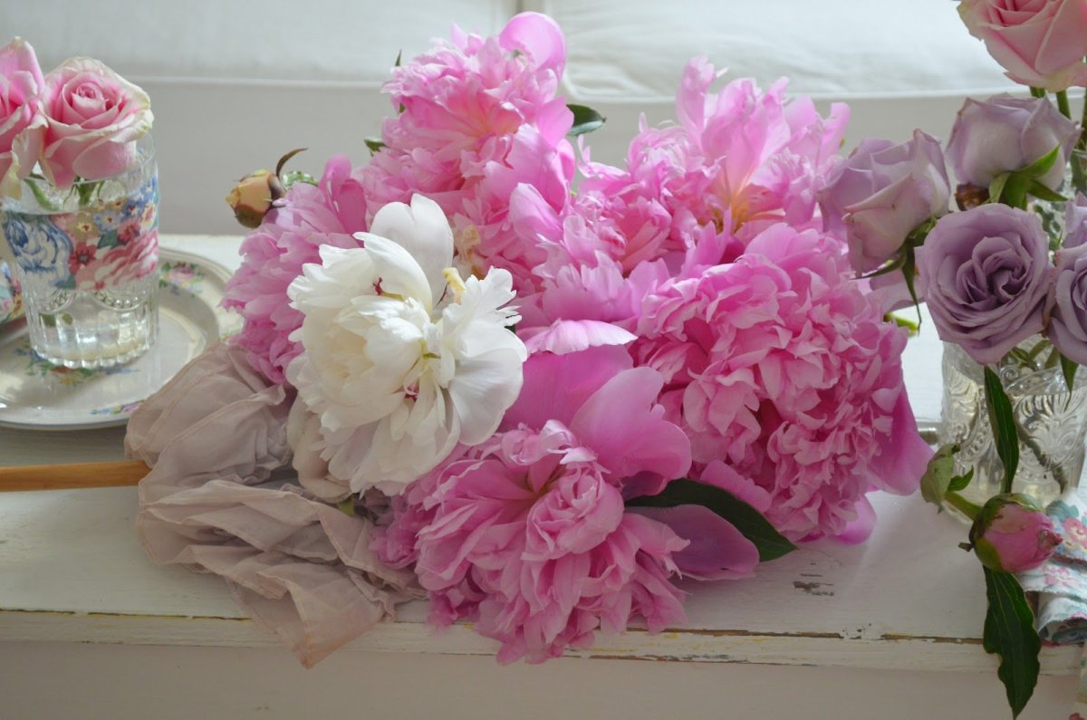 Пионы букет лежа на столе