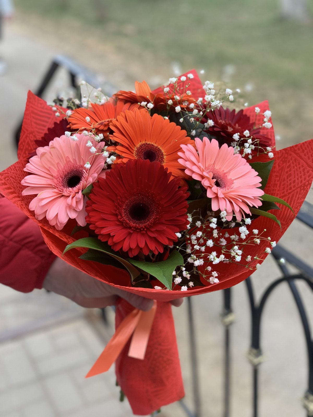 Герберы и гипсофила букет