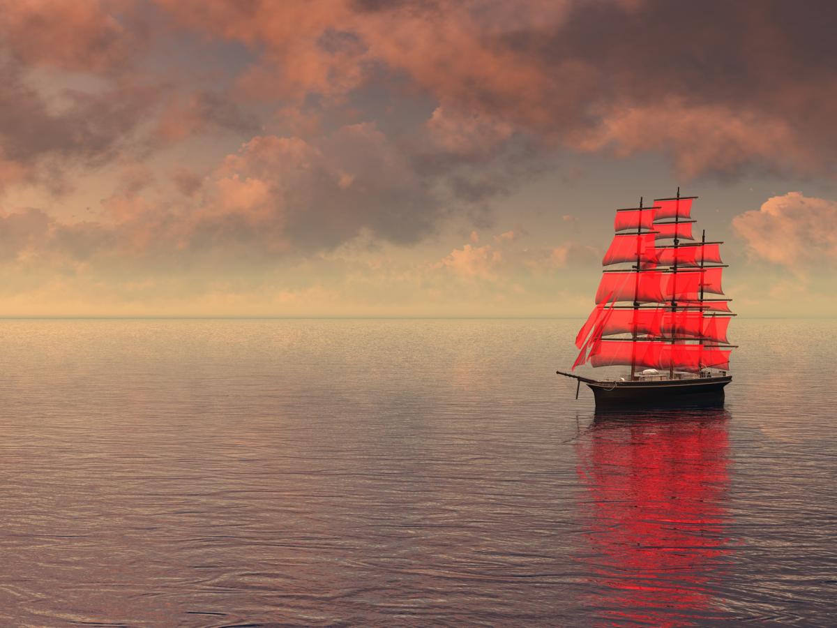 Корабль с алыми парусами в море