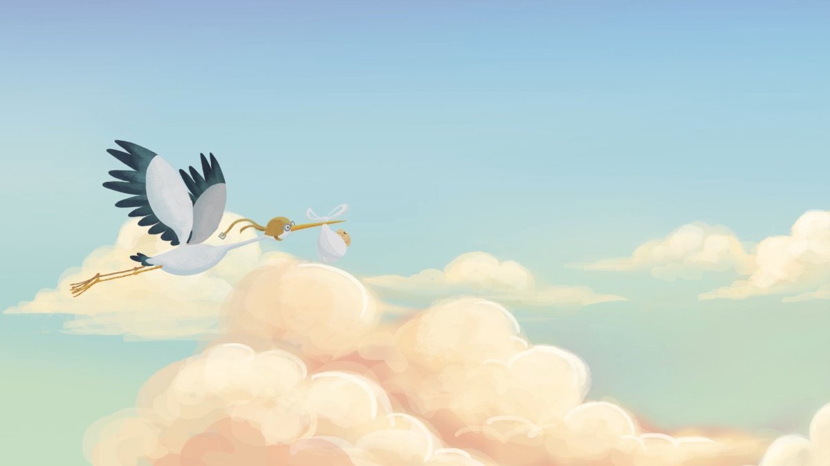 Аист в небе с малышом