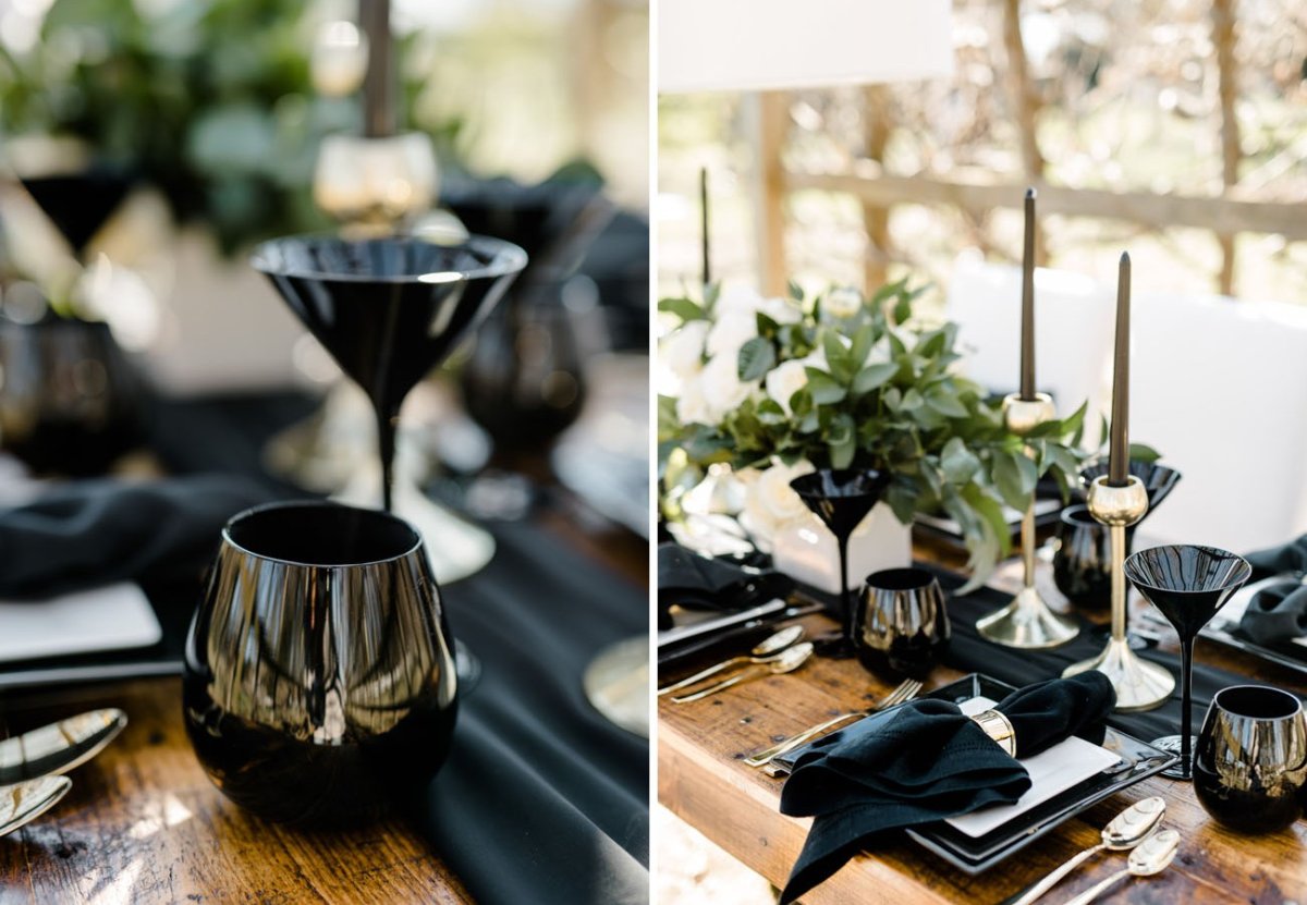 Сочетание черного белого и дерева в декоре свадьбы