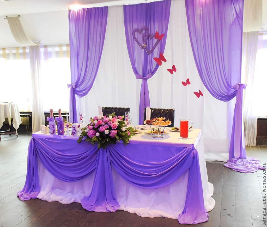 Украшение зала на свадьбу в фиолетовом цвете