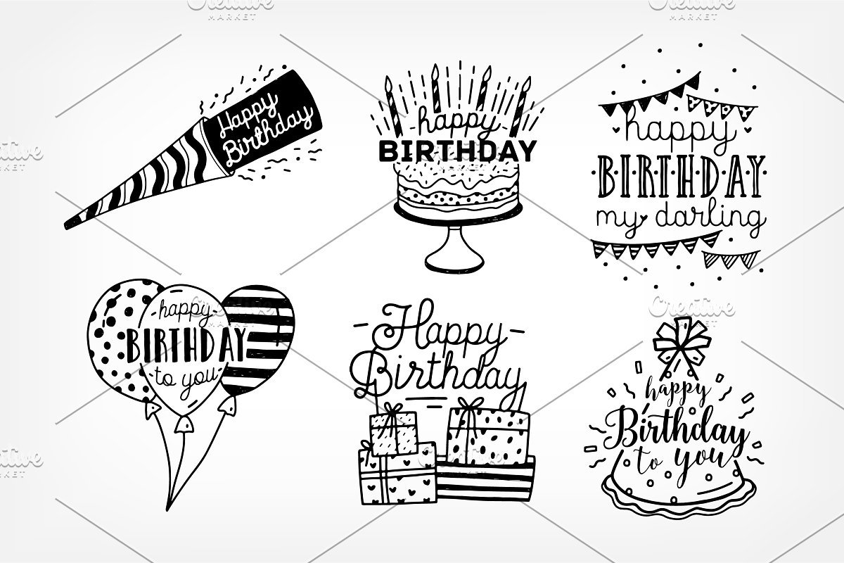 Леттеринг с днем рождения вектор чб