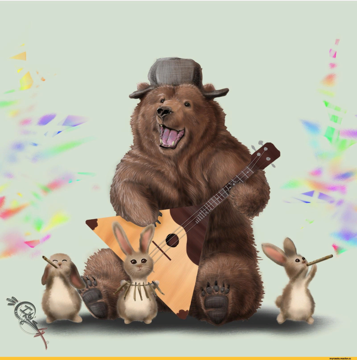 Русский в ушанке с балалайкой и медведем. Медведь балу.