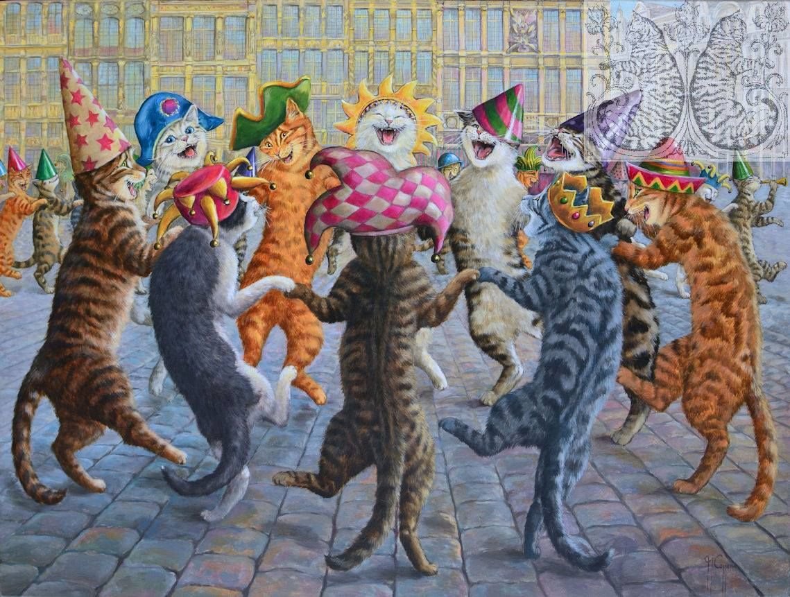 Country cats. Художница Martine Coppens. «Кошачьи танцы на Рождество» Луис Уэйн. Луис Уэйн «кошачий кошмар».