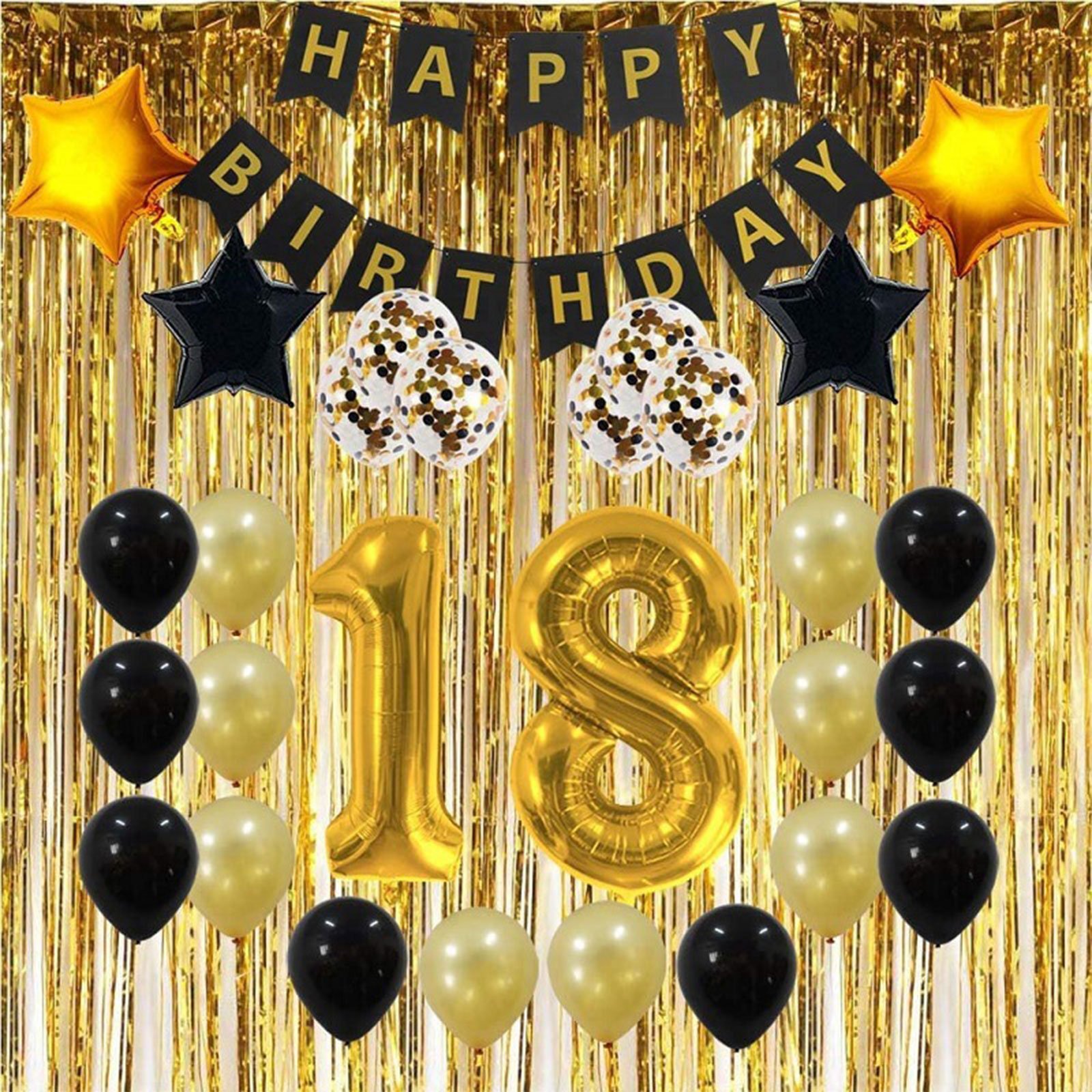 День рождение на 18 человек. Фотозона с золотыми цифрами. Украшение для дня рождения в золотом цвете. Украшение черно золотыми шарами.
