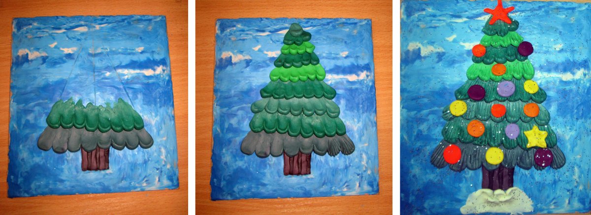 Пластилиновая елка на картоне