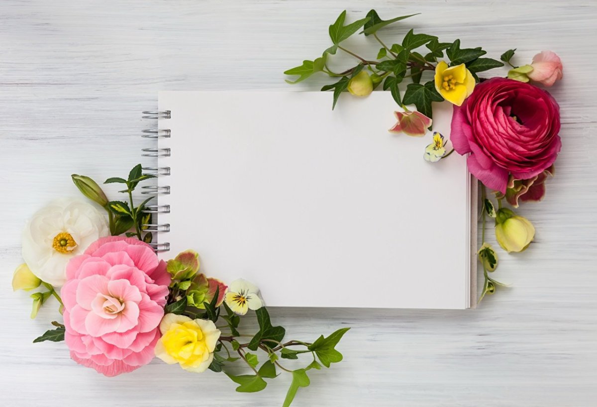 Блокнот на фоне цветов