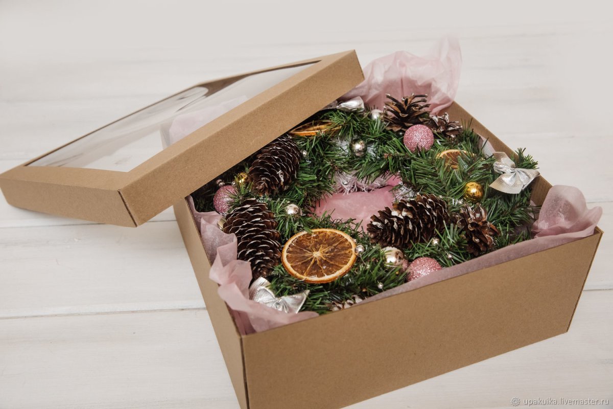 Коробка для венка с прозрачным окошком 40х40х12 см крафт